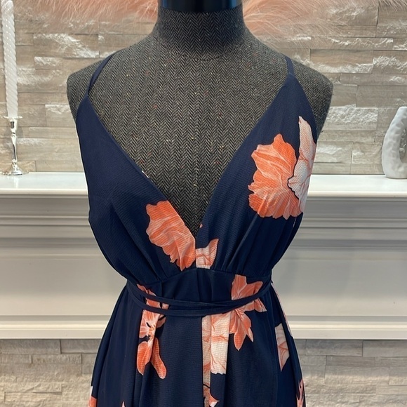 NAVY BLUE PINK FLORAL PLUNGE V NECK CRISSCROSS BACK HIGH SLIT MAXI DRESS Small - Picture 4 of 11